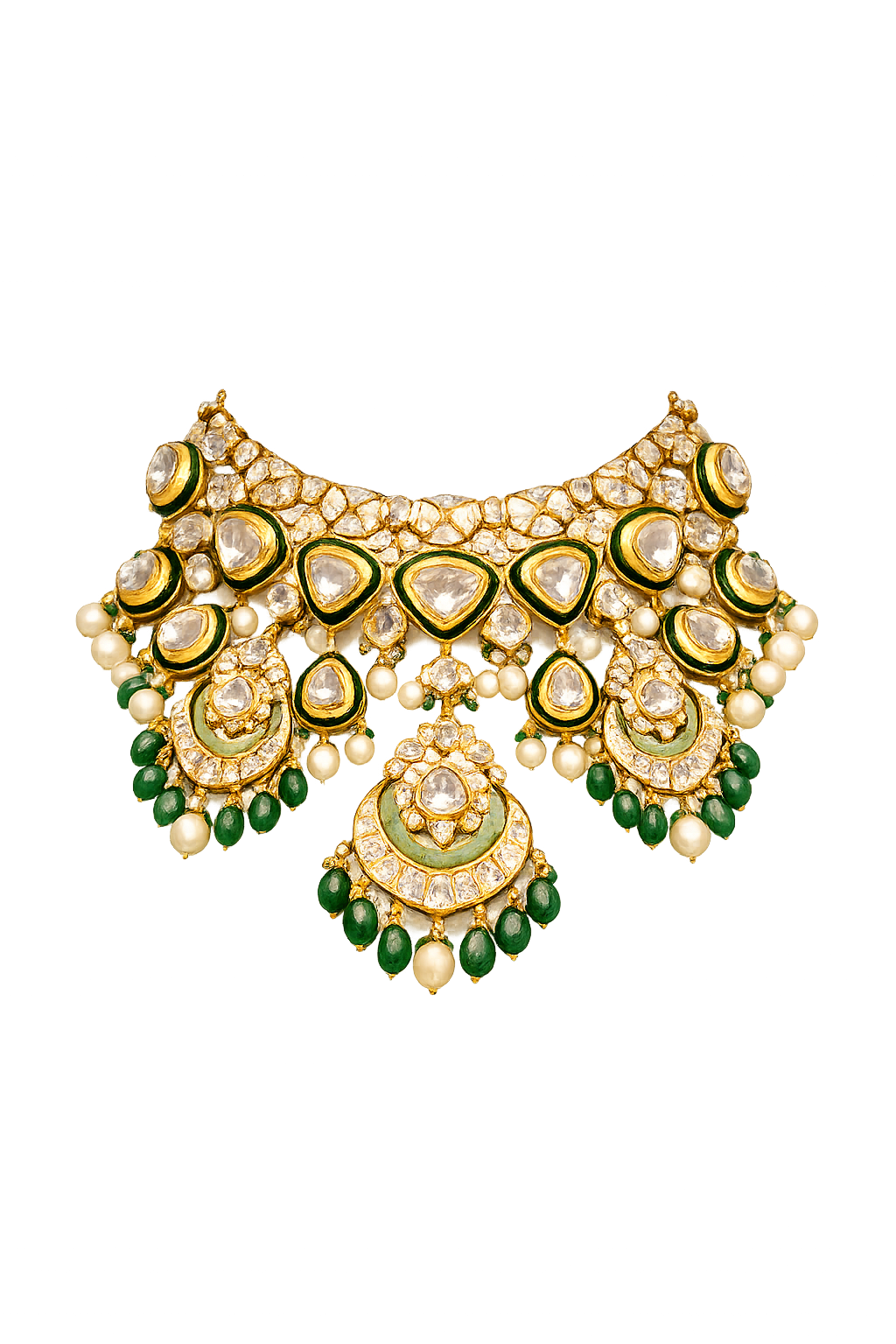 Royal Polki Kundan Bridal Necklace with Emerald Drops & Pearl Accents